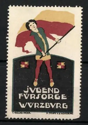 Reklamemarke Würzburg, Jugendfürsorge, Mädchen mit Fahne