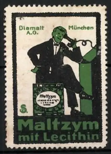 Künstler-Reklamemarke Sigmund von Suchodolski, München, Maltzym mit Lecithin, Mann mit Telefon und Produktbox