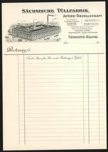 Rechnung Chemnitz-Kappel, Sächsische Tüllfabrik, Vogelschau auf die Fabrik