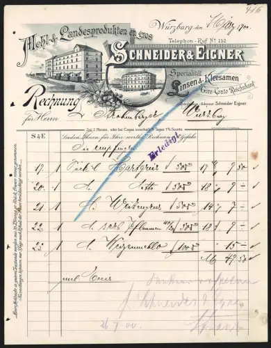 Rechnung Würzburg 1900, Schneider & Eigner, Linsen & Kleesamen, Aussenansicht vom Lager