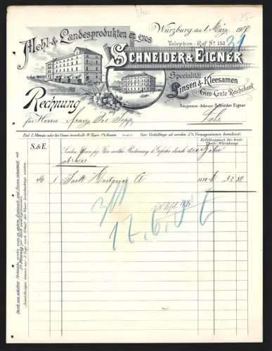 Rechnung Würzburg 1907, Schneider & Eigner, Linsen & Kleesamen, Lagerhaus aus der Aussenansicht