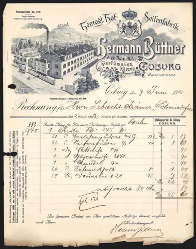 Rechnung Coburg 1910, Hermann Büttner Parfümerien und Kerzen, Vogelschau auf die Fabrik
