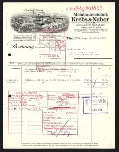 Rechnung Thal /Thür 1928, Metallwarenfabrik Krebs & Naber, Fabrikanlage mit Umgebung