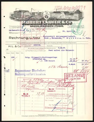 Rechnung Mühlhausen i. Thür 1936, Hubert Laufer & Co., Riemenfabrik, Panorama der Fabrikanlage