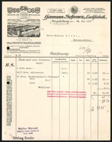 Rechnung Magdeburg 1928, Hermann Schwarz Lackfabrik, Fabrikgebäude und Umgebung