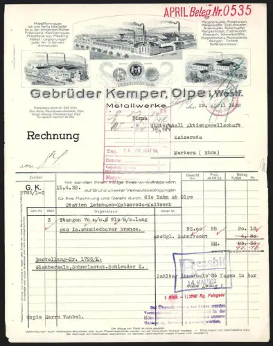 Rechnung Olpe i. Westf. 1932, Gebrüder Kemper Metallwerke, Fabrikanlagen aus der Vogelschau