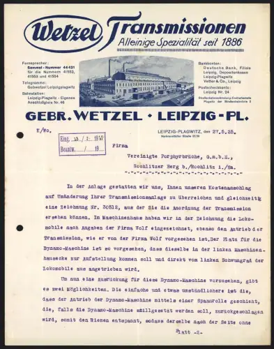 Briefkopf Leipzig 1925, Gebr. Wetzel Transmissionen, Aussenansicht der Fabrikanlage