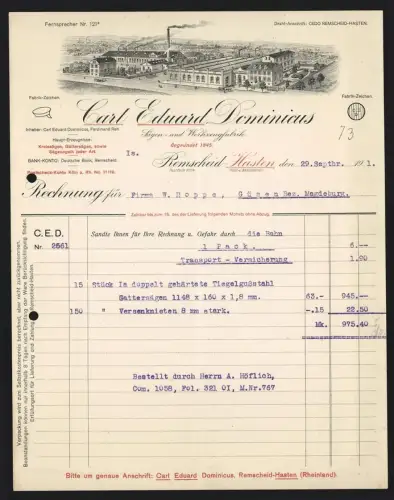 Rechnung Magdeburg, Carl Eduard Dominicus, Sägen- und Werkzeugfabrik, Fabrikanlage aus der Vogelschau