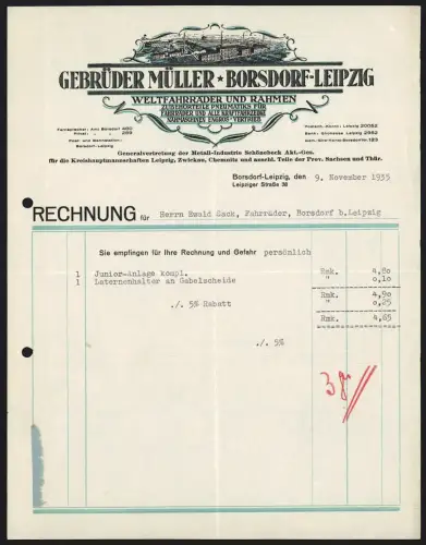 Rechnung Borsdorf /Leipzig 1935, Gebrüder Müller, Weltfahrräder and Rahmen, Fabrikanlage aus der Vogelschau