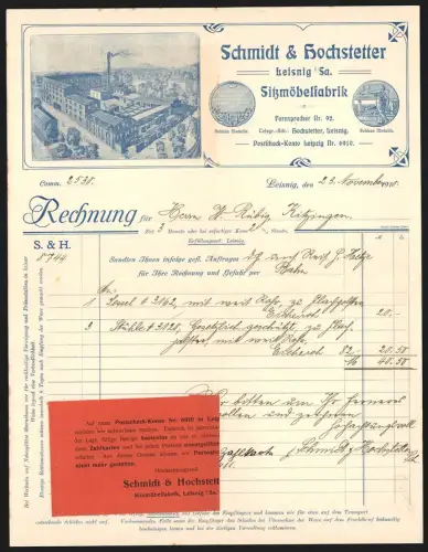 Rechnung Leisnig i. Sa. 1910, Schmidt & Hochstetter, Sitzmöbel-Fabrik, Ansicht vom Werksgelände