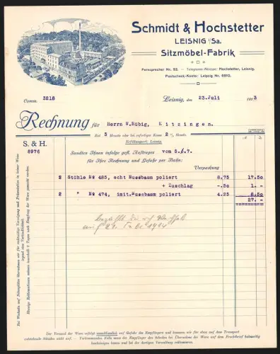Rechnung Leisnig i. Sa. 1913, Schmidt & Hochstetter, Sitzmöbel-Fabrik, Ansicht vom Werk