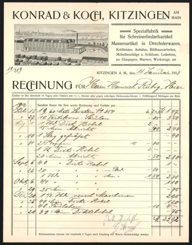 Rechnung Kitzingen 1913, Konrad & Koch, Fabrik für Schneiderartikel, Massenartikel in Drechslerwaren, Werksgelände