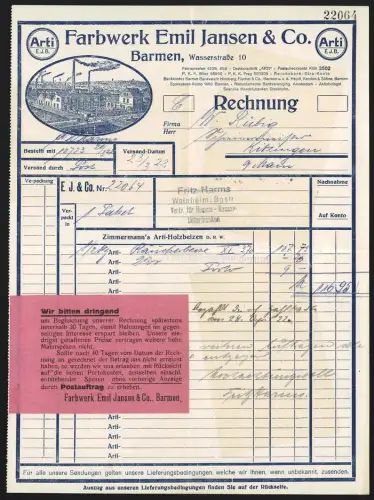 Rechnung Barmen 1922, Emil Jansen & Co., Farbwerk, Werksgelände