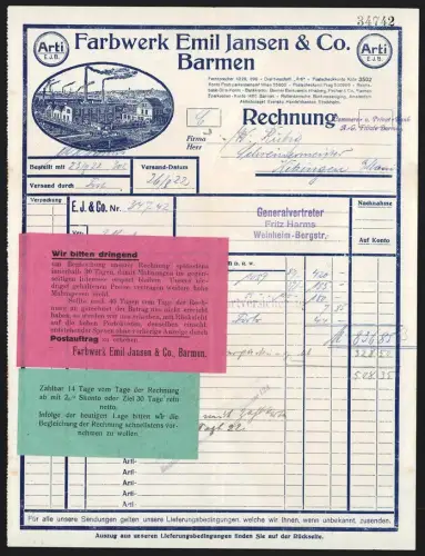 Rechnung Barmen 1922, Emil Jansen & Co., Farbwerk, Werksgelände