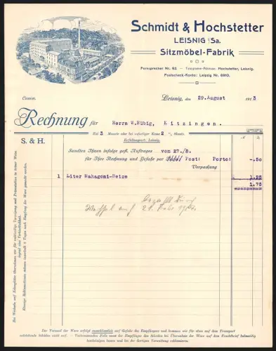 Rechnung Leisnig i. Sa. 1913, Schmidt & Hochstetter, Sitzmöbel-Fabrik, Blick auf die Fabrik