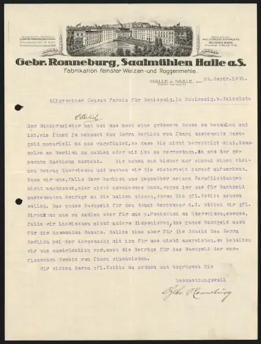 Briefkopf Saalmühlen Halle a. S. 1931, Gebr. Ronneburg, Fabrikation feinster Weizen- und Roggenmehle, Werksgelände