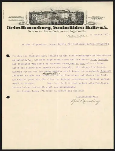 Rechnung Halle a. S., Gebr. Ronneburg, Saalmühlen, Fabrikation feinster Weizen- und Roggenmehle, Werksansicht