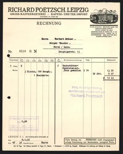 Rechnung Leipzig 1935, Richard Poetzsch, Gross-Kaffeerösterei, Kaffee- und Tee-Import, Werksgebäude