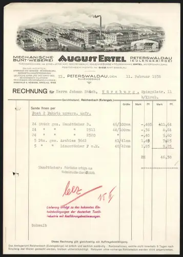 Rechnung Peterswaldau /Eulengebirge 1938, August Ertel, Mechanische Bunt-Weberei, Ansicht der Fabrik