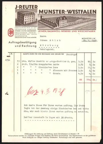 Rechnung Münster i. W. 1938, J. Reuter, Leinen-, Baumwoll-Weberei und Wäschefabrik, Blick auf die Fabrik