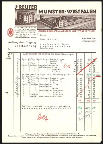 Rechnung Münster i. W. 1938, J. Reuter, Leinen-, Baumwoll-Weberei und Wäschefabrik, Blick auf die Fabrik