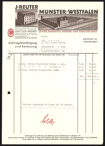 Rechnung Münster i. W. 1938, J. Reuter, Leinen-, Baumwoll-Weberei und Wäschefabrik, Werksgelände