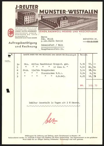 Rechnung Münster i. W. 1938, J. Reuter, Leinen-, Baumwoll-Weberei und Wäschefabrik, Gesamtansicht vom Werk