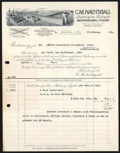 Rechnung Schkölen i. Thür. 1929, C. M. Nachtigal, Lederleim-Fabrik, Gesamtansicht vom Werk