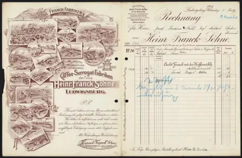 Rechnung Ludwigsburg 1909, Heinr. Franck Söhne, Caffee-Surrogat-Fabrik, Ansicht verschiedener Werke