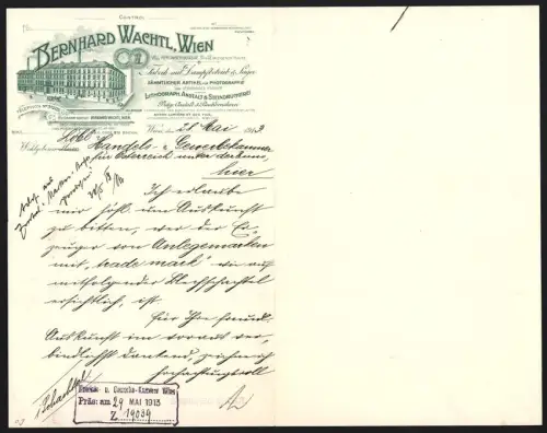 Briefkopf Wien 1913, Bernhard Wachtl, Fabrik für sämtliche Artikel für Photographie, Blick auf das Fabriksgebäude