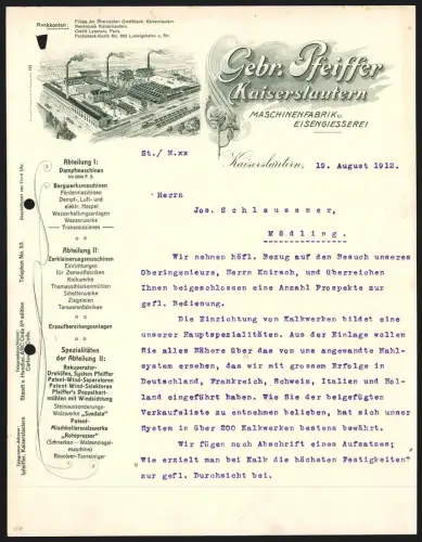 Rechnung Kaiserslautern 1912, Gebr. Pfeiffer, Maschinenfabrik u. Eisengiesserei, Ansicht vom Werk aus der Vogelschau