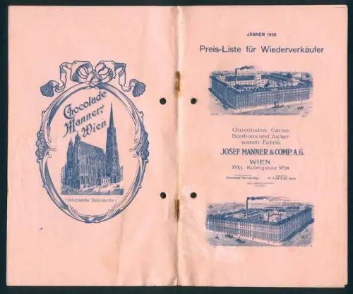 Briefkopf Wien, Josef Manner & Comp. A.G., Schokolade Manner, Preis-Liste, Blick auf das Fabriksgebäude