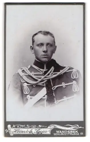 Fotografie Heinr. Sparr, Wandsbek, Schlossstrasse 44, Husar in Attila mit Überjacke