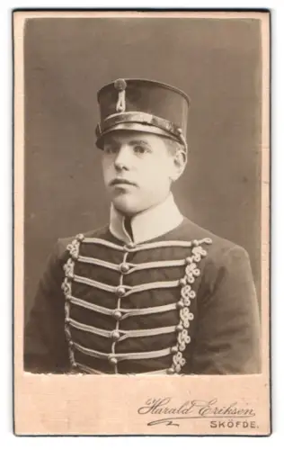 Fotografie Harald Eriksen, Sköfde, Schwedischer Husar in Attila mit Dienstmütze