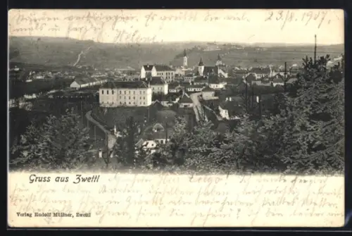 AK Zwettl, Totalansicht mit Fernblick aus der Vogelschau