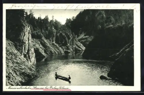 AK Erlaufklause /Mariazellerbahn, Stausee mit Klause, mit Ruderboot