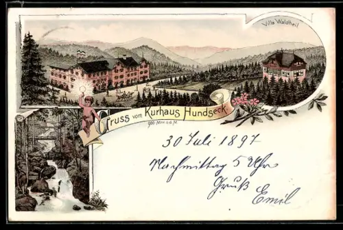 Lithographie Bühl, Kurhotel Hundseck, Wasserfall, Villa Waldheil