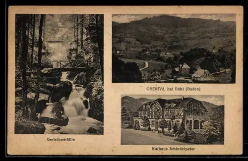 AK Obertal bei Bühl, Kurhaus Schindelpeter, Gertelbachfälle, Ortspartie
