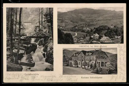 AK Obertal bei Bühl, Kurhaus Schindelpeter, Gertelbachfälle, Ortspartie