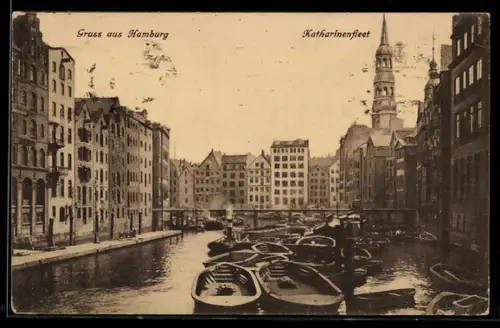 AK Hamburg, Katharinenfleet mit Kähne und Prahmen