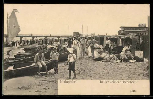 AK Heringsdorf, Strand mit Badegästen, Ruderbooten und Seebrücke