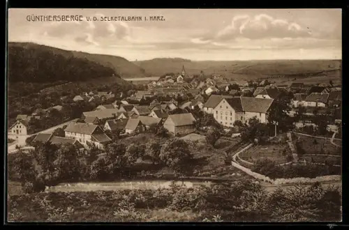 AK Güntersberge i. Harz, Ortsansicht mit Selketalbahn
