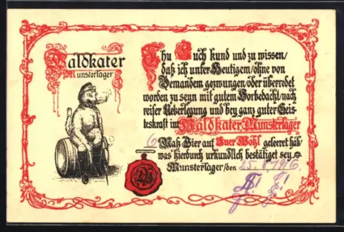 Lithographie Munsterlager, Gaststätte Waldkater, Urkunde über Biergenuss, gestiefelter Kater