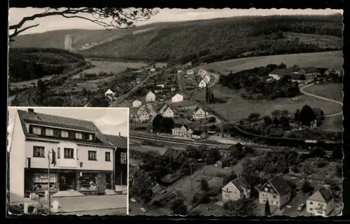 AK Niederhövels-Sieg, Café-Restaurant Reifenrath, Ortsansicht mit Bahnhof