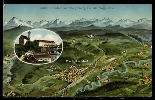 AK Oberdorf, Panorama und Umgebung aus der Vogelschau, Schloss und Kirche