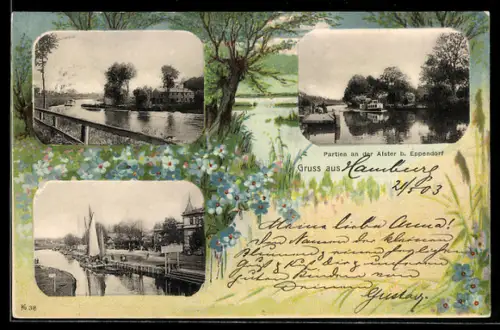 Lithographie Eppendorf, Uferpartien, Blumenwiese, Passepartout