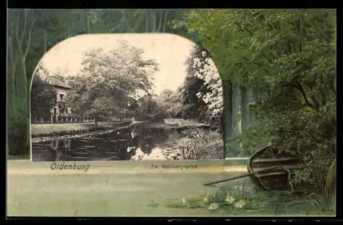 Lithographie Oldenburg, Im Schlossgarten, Uferpartie mit Boot, Passepartout