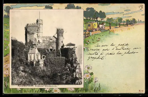 Lithographie Rüdesheim, Schloss Rheinstein, Postkutsche auf Landstrasse, Passepartout
