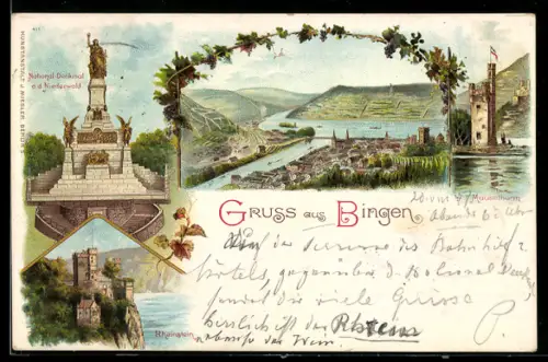Lithographie Bingen, Niederwalddenkmal, Mäuseturm, Rheinstein