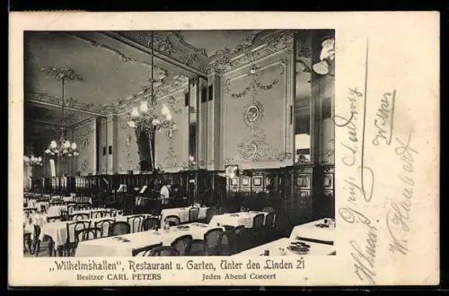 AK Berlin, Restaurant Wilhelmshallen, Unter den Linden 21, Innenansicht